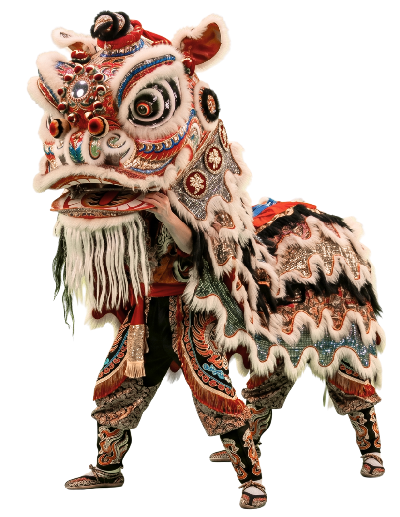 Traje tradicional de la danza del león chino con detalles en rojo, dorado y blanco.